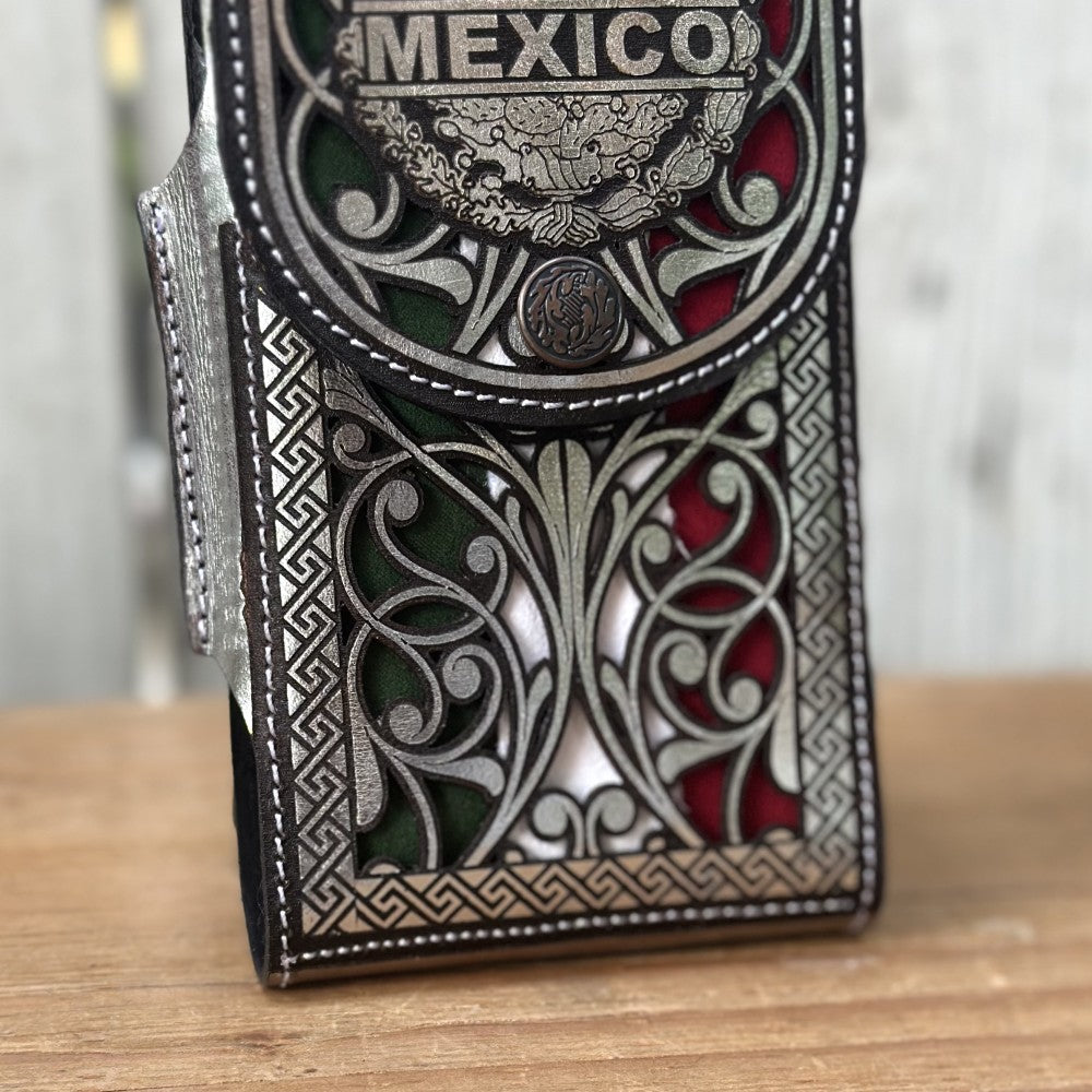 Funda Vaquera para Teléfono “México Tricolor” Plateada de Piel Cortada a Láser (4)
