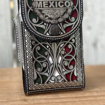 Funda Vaquera para Teléfono “México Tricolor” Plateada de Piel Cortada a Láser (4)