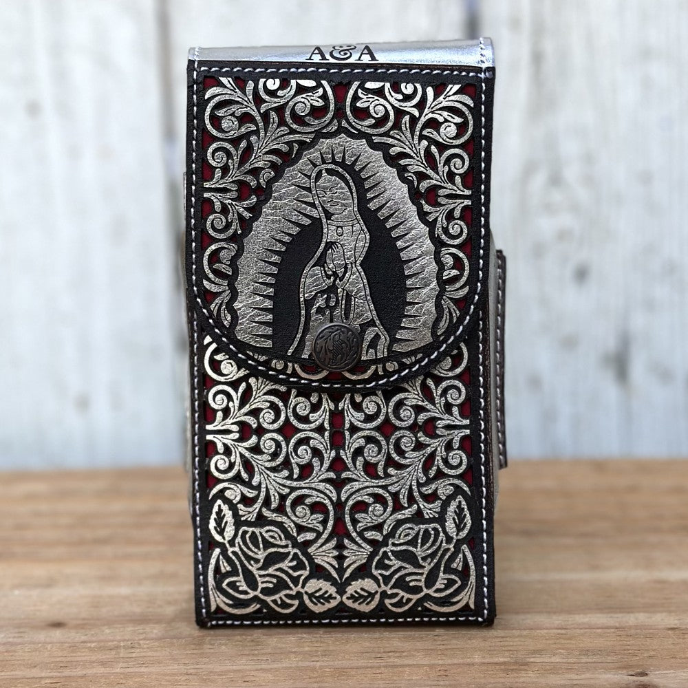 Cinturón Cortado a Láser "Virgen de Guadalupe" Plateado y Funda Vaquera Cortada a Láser (3)