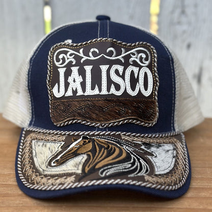 Gorra Azul y Beige de Jalisco con Bordado de Caballo | Gorras Mexicanas Artesanales