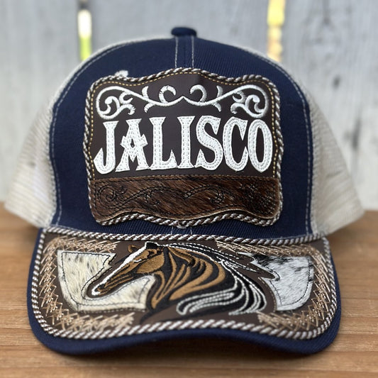 Gorra Azul y Beige de Jalisco con Bordado de Caballo | Gorras Mexicanas Artesanales