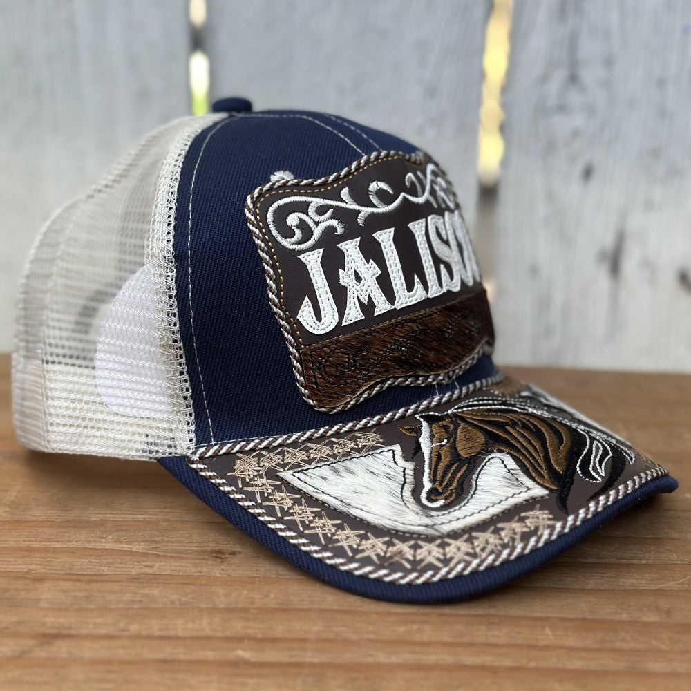 Gorra Azul y Beige de Jalisco con Bordado de Caballo | Gorras Mexicanas Artesanales