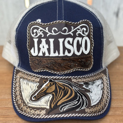 Gorra Azul y Beige de Jalisco con Bordado de Caballo | Gorras Mexicanas Artesanales