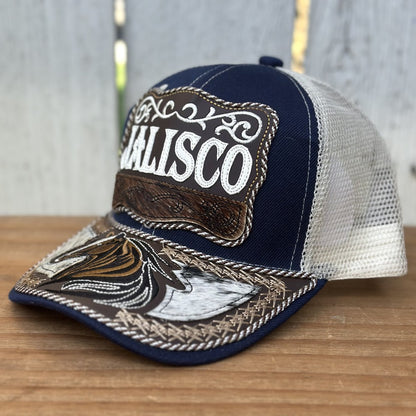 Gorra Azul y Beige de Jalisco con Bordado de Caballo | Gorras Mexicanas Artesanales