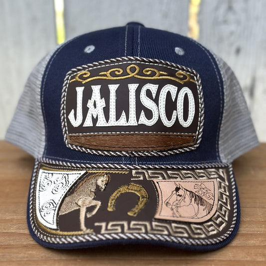 Gorra Azul y Gris de Jalisco con Bordado de Caballo | Gorras Mexicanas Artesanales