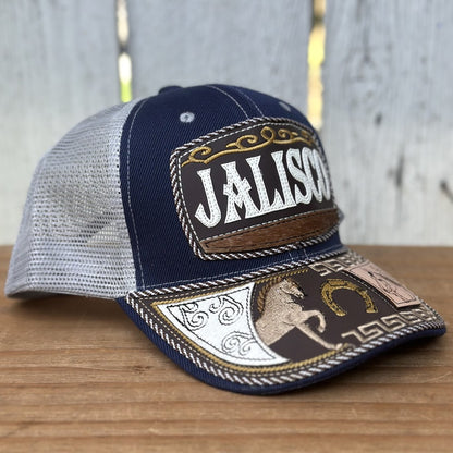 Gorra Azul y Gris de Jalisco con Bordado de Caballo | Gorras Mexicanas Artesanales