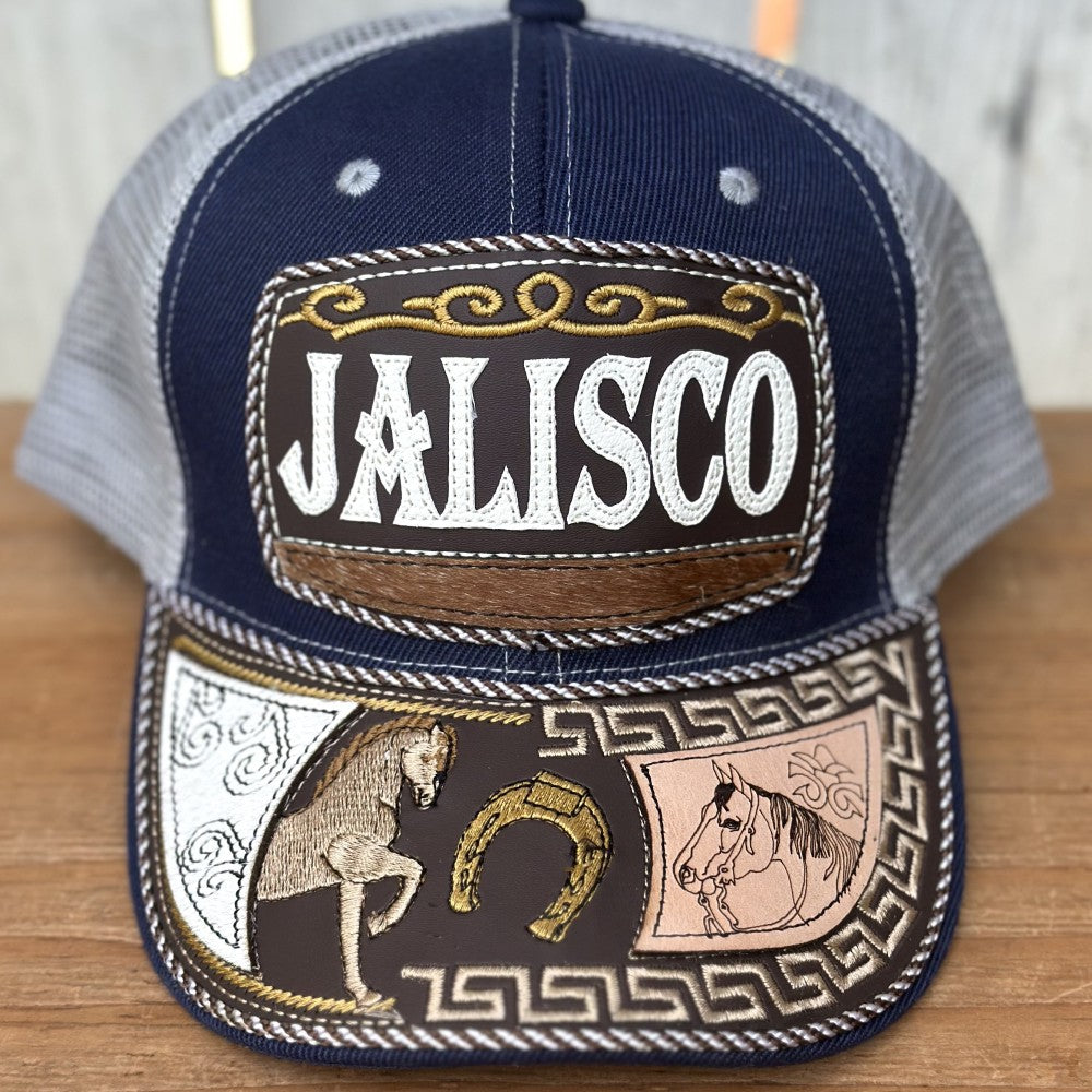 Gorra Azul y Gris de Jalisco con Bordado de Caballo | Gorras Mexicanas Artesanales