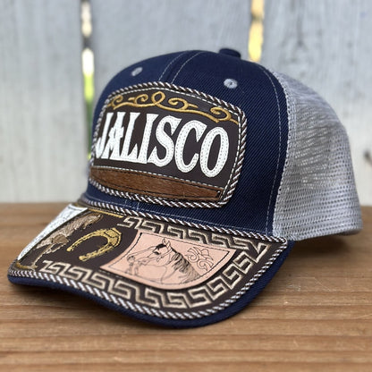 Gorra Azul y Gris de Jalisco con Bordado de Caballo | Gorras Mexicanas Artesanales