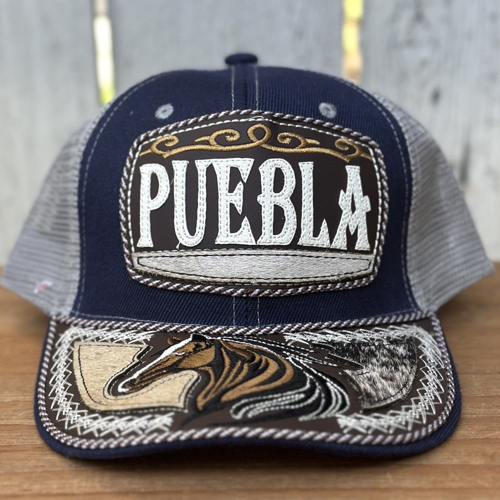 Gorra Azul y Gris de Puebla con Bordado de Caballo | Gorras Mexicanas Artesanales