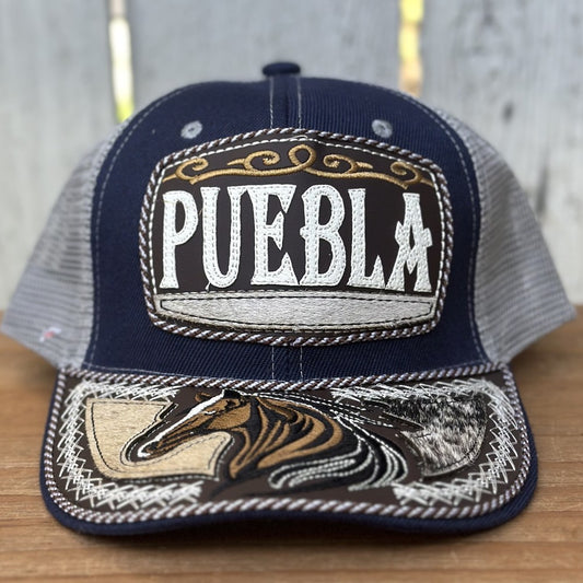 Gorra Azul y Gris de Puebla con Bordado de Caballo | Gorras Mexicanas Artesanales