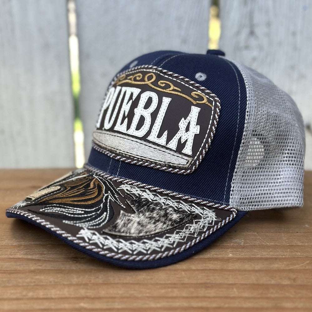 Gorra Azul y Gris de Puebla con Bordado de Caballo | Gorras Mexicanas Artesanales