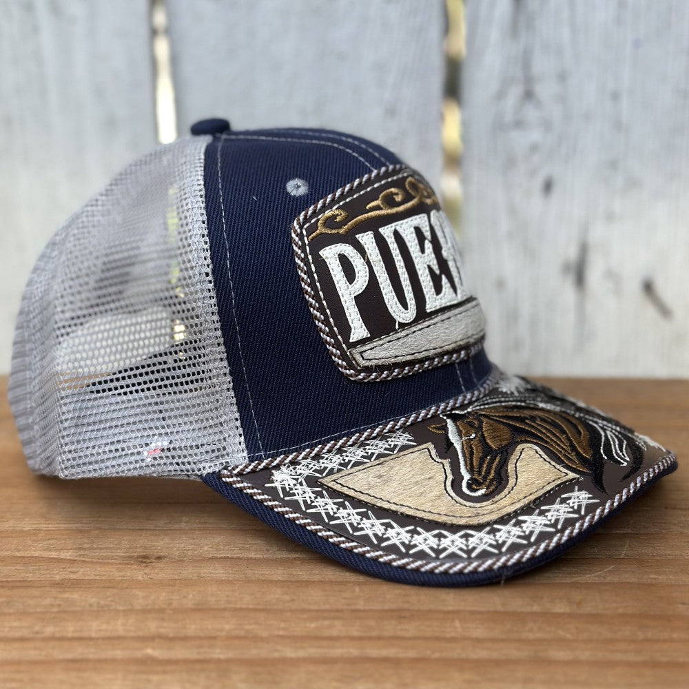 Gorra Azul y Gris de Puebla con Bordado de Caballo | Gorras Mexicanas Artesanales