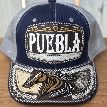 Gorra Azul y Gris de Puebla con Bordado de Caballo | Gorras Mexicanas Artesanales