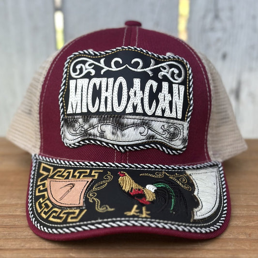 Gorra Burgundy y Beige de Michoacan con Bordado de Gallo | Gorras Mexicanas Artesanales