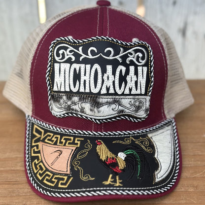 Gorra Burgundy y Beige de Michoacan con Bordado de Gallo | Gorras Mexicanas Artesanales