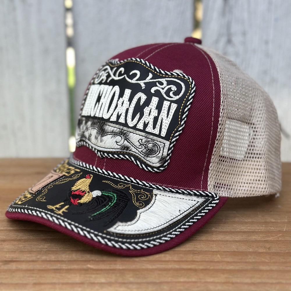 Gorra Burgundy y Beige de Michoacan con Bordado de Gallo | Gorras Mexicanas Artesanales