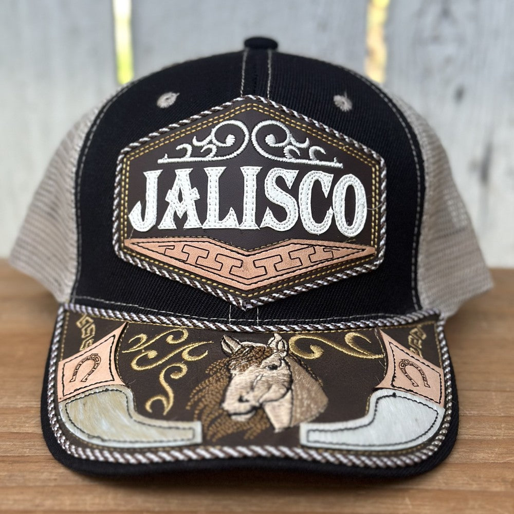 Gorra Negra y Beige de Jalisco con Bordado de Caballo | Gorras Mexicanas Artesanales