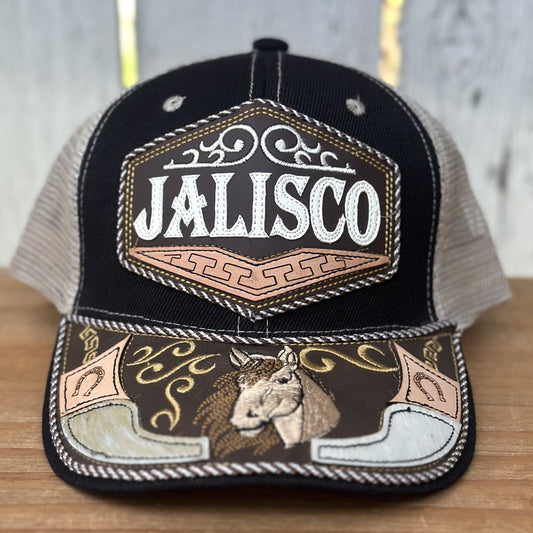 Gorra Negra y Beige de Jalisco con Bordado de Caballo | Gorras Mexicanas Artesanales