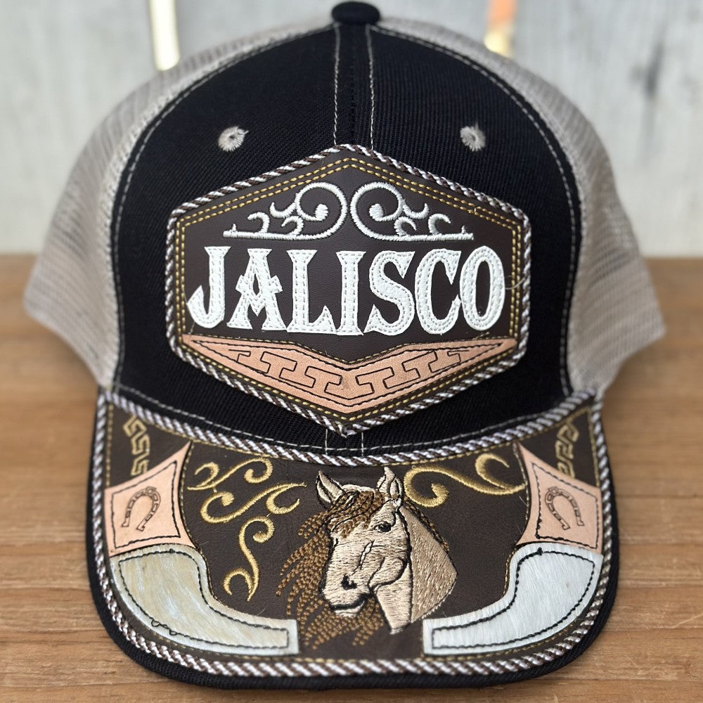 Gorra Negra y Beige de Jalisco con Bordado de Caballo | Gorras Mexicanas Artesanales