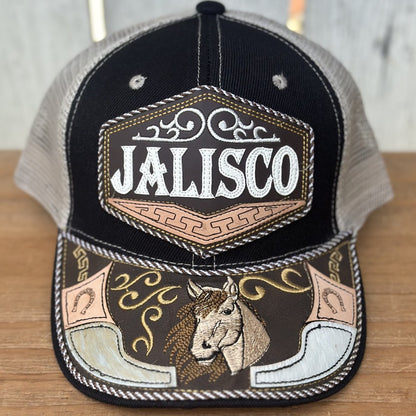 Gorra Negra y Beige de Jalisco con Bordado de Caballo | Gorras Mexicanas Artesanales