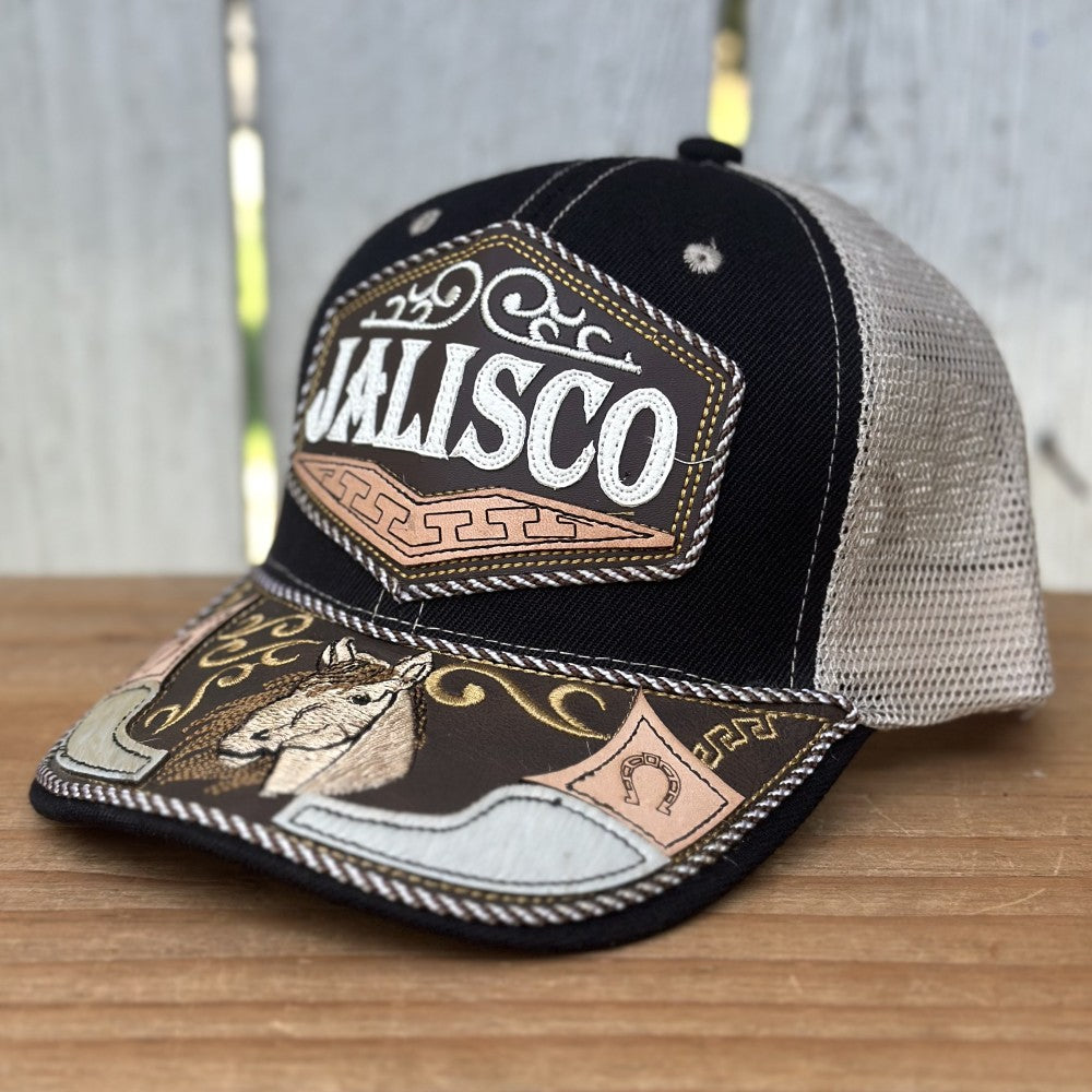 Gorra Negra y Beige de Jalisco con Bordado de Caballo | Gorras Mexicanas Artesanales