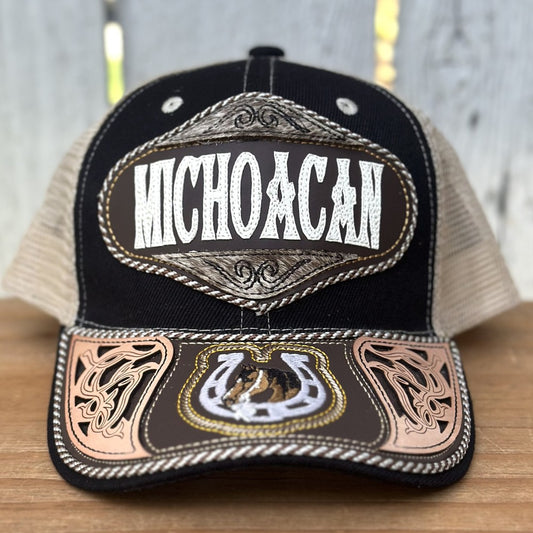Gorra Negra y Beige de Michoacán con Bordado de Herradura