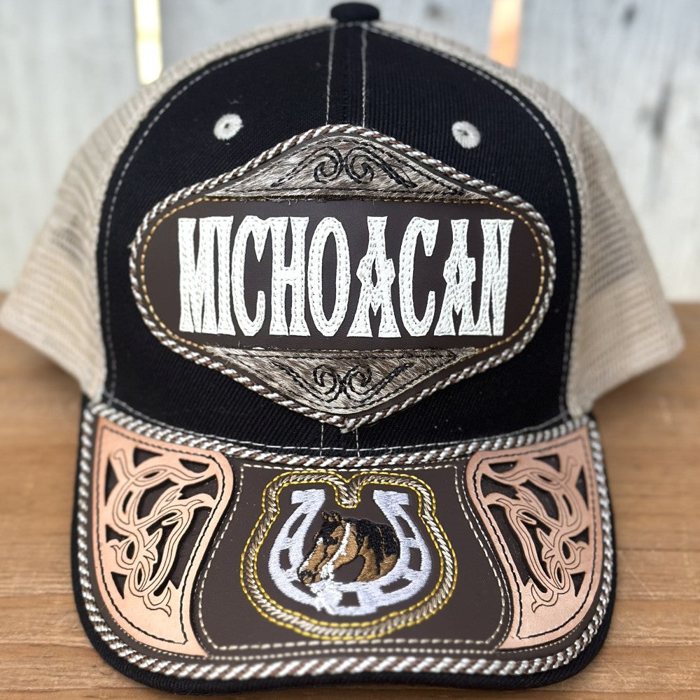 Gorra Negra y Beige de Michoacán con Bordado de Herradura