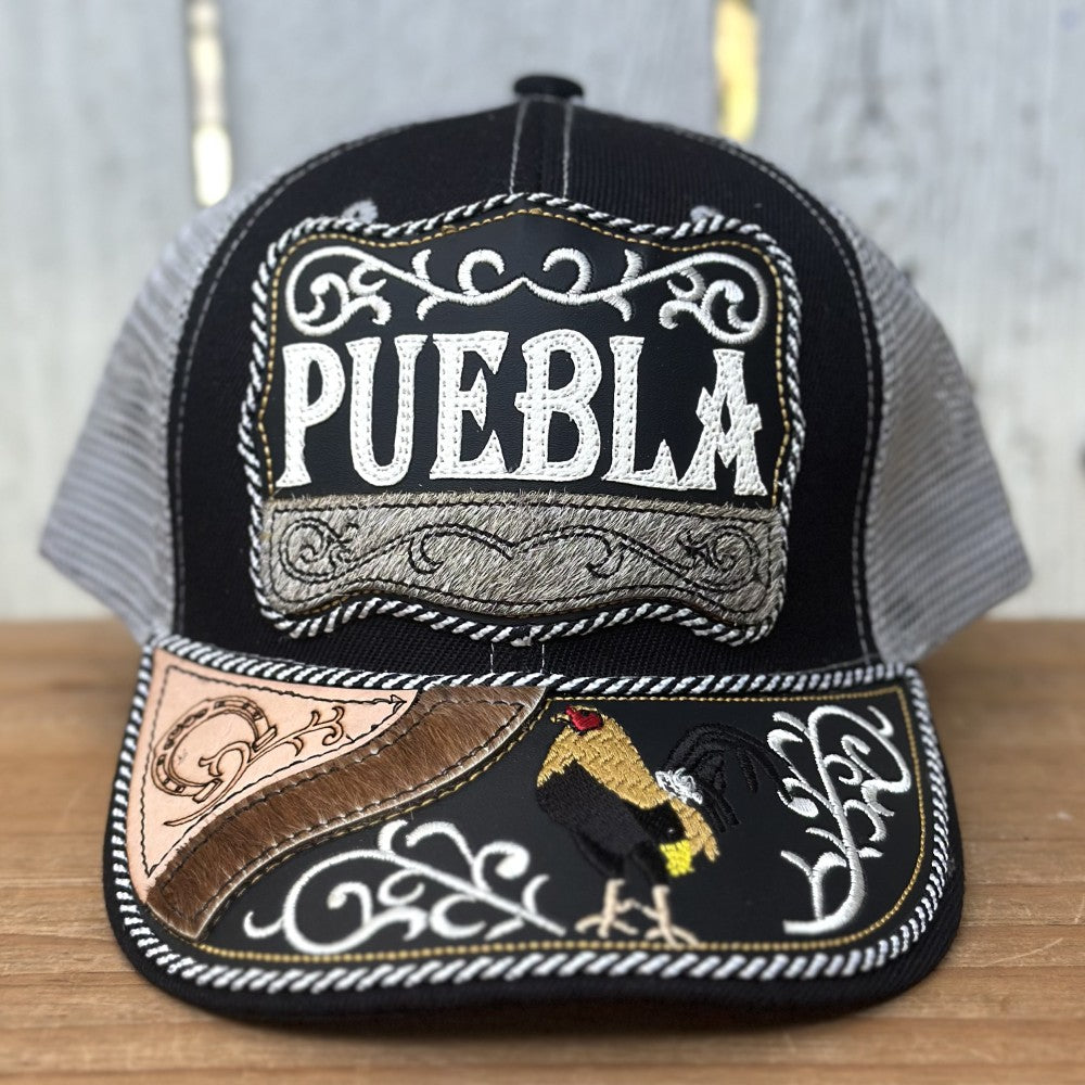 Gorra Negra y Gris de Puebla con Bordado de Gallo