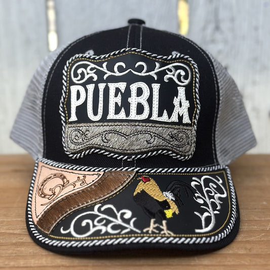 Gorra Negra y Gris de Puebla con Bordado de Gallo