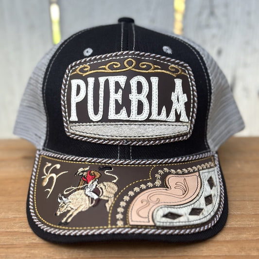 Gorra Negra y Gris de Puebla con Bordado de Jienete | Gorras Mexicanas Artesanales