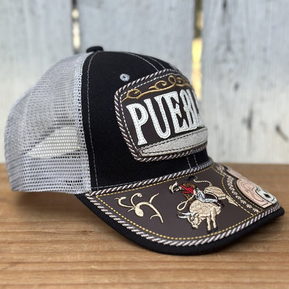 Gorra Negra y Gris de Puebla con Bordado de Jienete | Gorras Mexicanas Artesanales