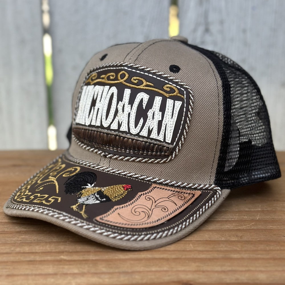 Gorra Taupe y Negra de Michoacán con Bordado de Gallo | Gorras Mexicanas Artesanales (Copy)