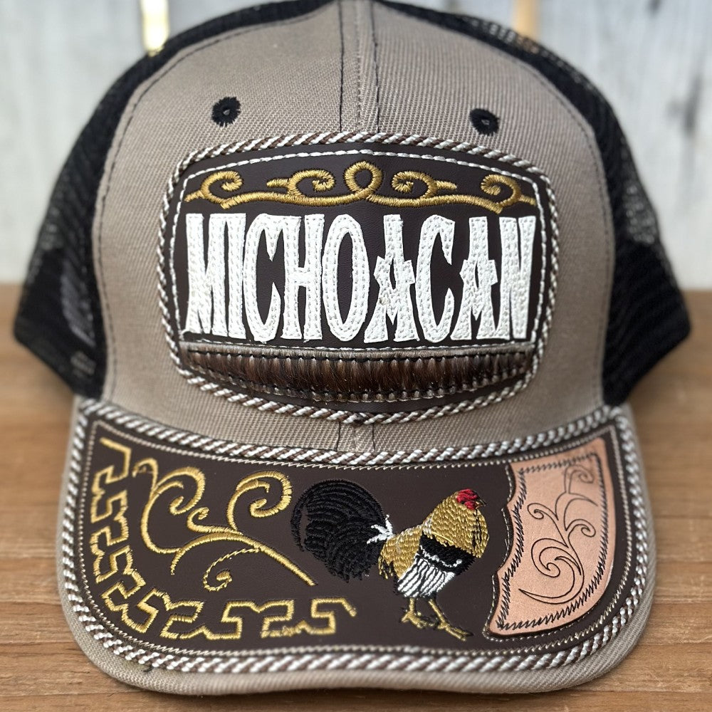Gorra Taupe y Negra de Michoacán con Bordado de Gallo | Gorras Mexicanas Artesanales (Copy)