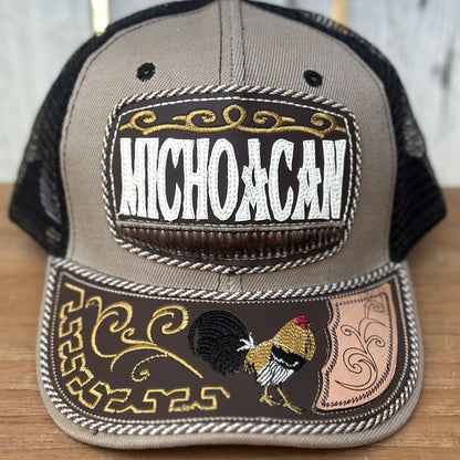 Gorra Taupe y Negra de Michoacán con Bordado de Gallo | Gorras Mexicanas Artesanales (Copy)