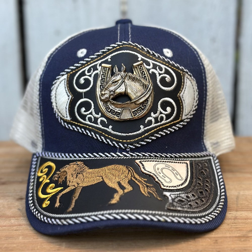 Gorra Vaquera Azul Marino y Beige con Caballo y Herradura #2 