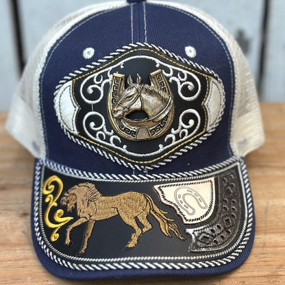 Gorra Vaquera Azul Marino y Beige con Caballo y Herradura #2