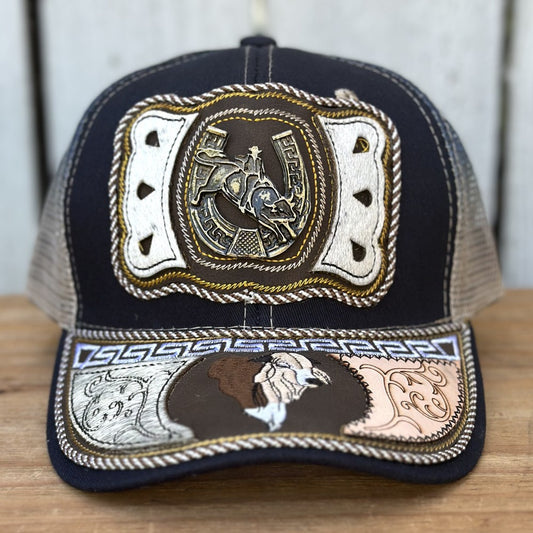 Gorra Vaquera Azul Marino y Beige con Jinete y Herradura | Gorras Artesanales Mexicanas