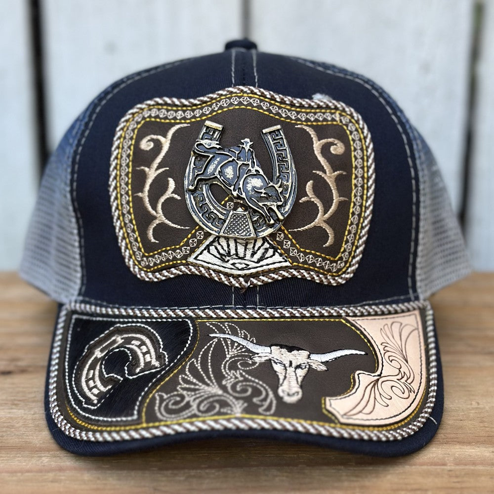 Gorra Vaquera Azul Marino y Gris con Jinete y Herradura | Gorras Artesanales Mexicanas