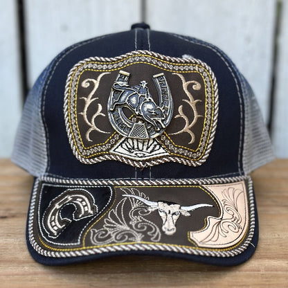 Gorra Vaquera Azul Marino y Gris con Jinete y Herradura | Gorras Artesanales Mexicanas