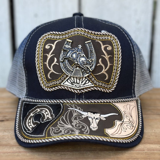 Gorra Vaquera Azul Marino y Gris con Jinete y Herradura | Gorras Artesanales Mexicanas