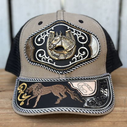 Beige and Black Western Cap with Horse and Horseshoe - Mexican Handcrafted Caps