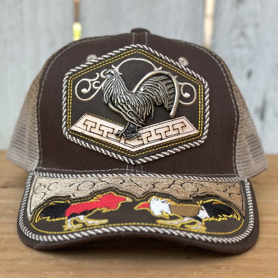 Brown Western Cap with Roosters - Mexican Handcrafted Caps