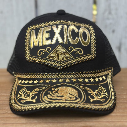 Gorra Vaquera Artesanal Negra “México de Oro” con Bordado Dorado y Águila Mexicana en la Visera | Gorras Mexicanas