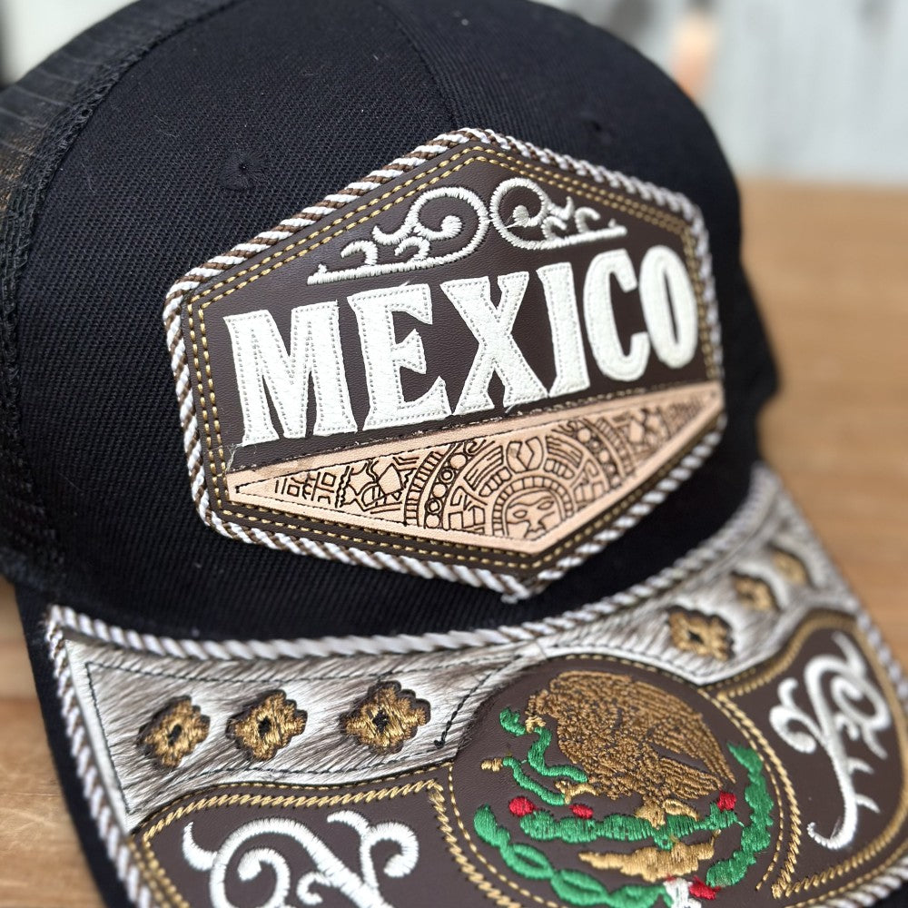 Gorra Vaquera Artesanal Negra “Orgullo Mexicano” con Bordado y Detalles de Pelo de Res | Gorras Mexicanas (3)