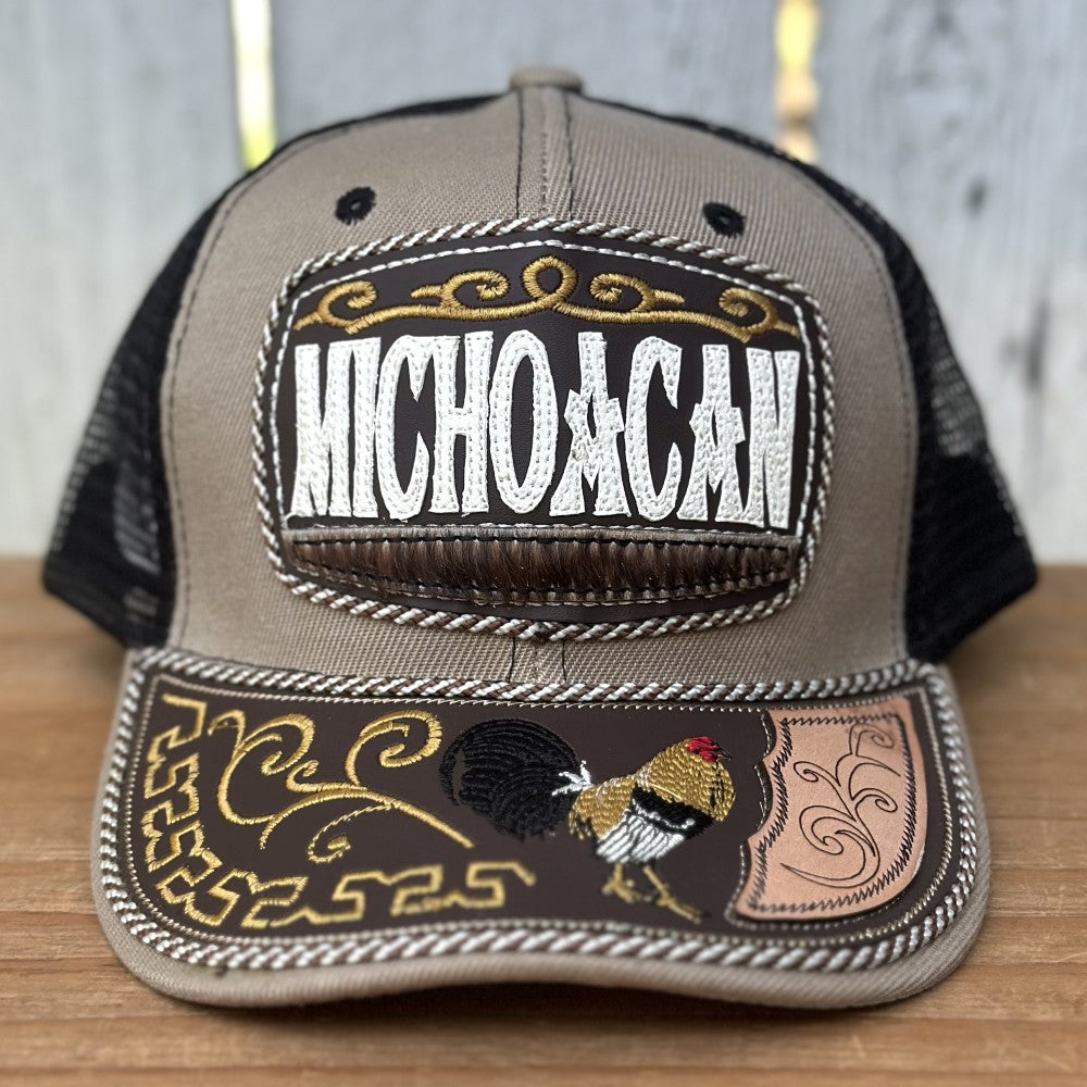 Gorra Taupe y Negra de Michoacán con Bordado de Gallo | Gorras Mexicanas Artesanales (Copy)