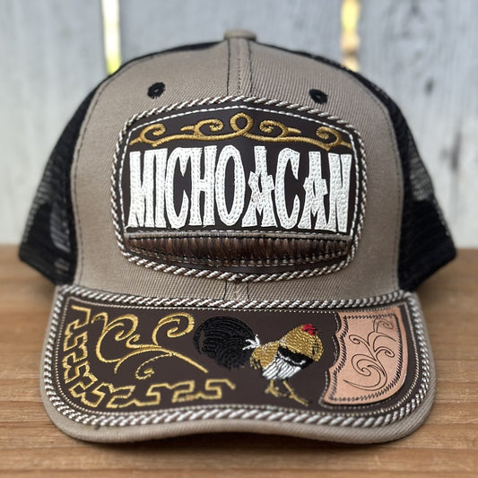 Gorra Taupe y Negra de Michoacán con Bordado de Gallo | Gorras Mexicanas Artesanales (Copy)