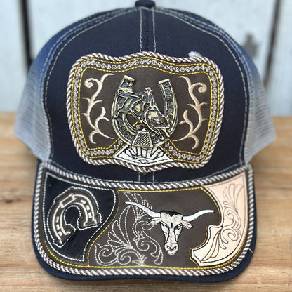 Gorra Vaquera Azul Marino y Gris con Jinete y Herradura | Gorras Artesanales Mexicanas