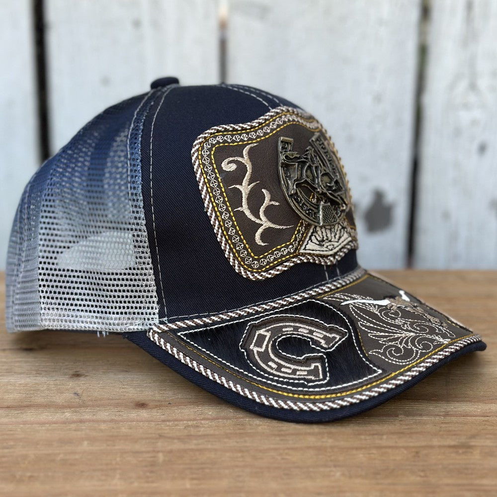 Gorra Vaquera Azul Marino y Gris con Jinete y Herradura | Gorras Artesanales Mexicanas