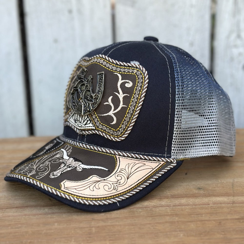 Gorra Vaquera Azul Marino y Gris con Jinete y Herradura | Gorras Artesanales Mexicanas