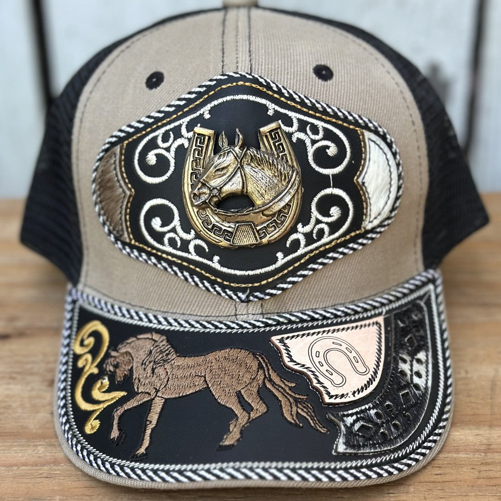 Beige and Black Western Cap with Horse and Horseshoe - Mexican Handcrafted Caps
